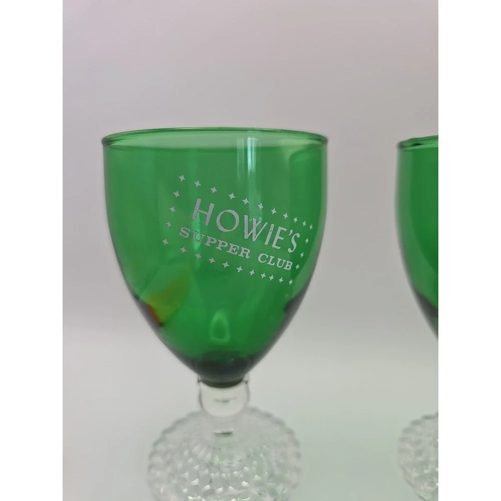 2 Vintage Anchor Hocking Emerald Green Footed Glass Goblet ‎ Howies Supper Club